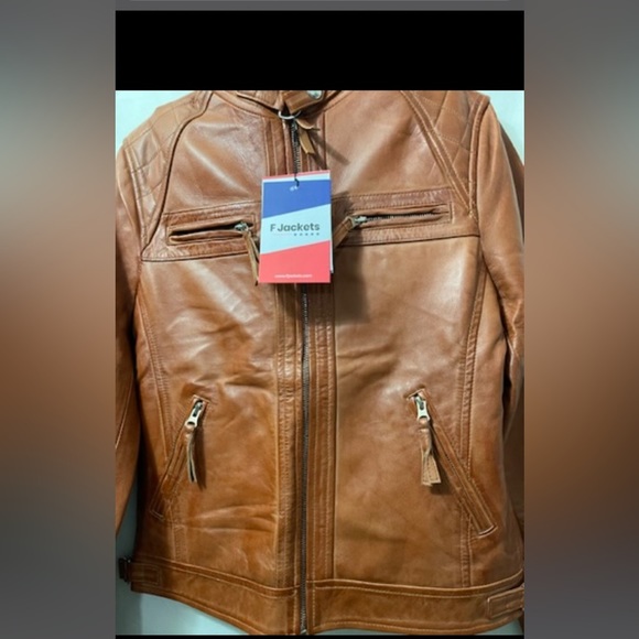 Ladies Genuine Leather Biker Jacket Tan: BR-Alice - Picture 8 of 9